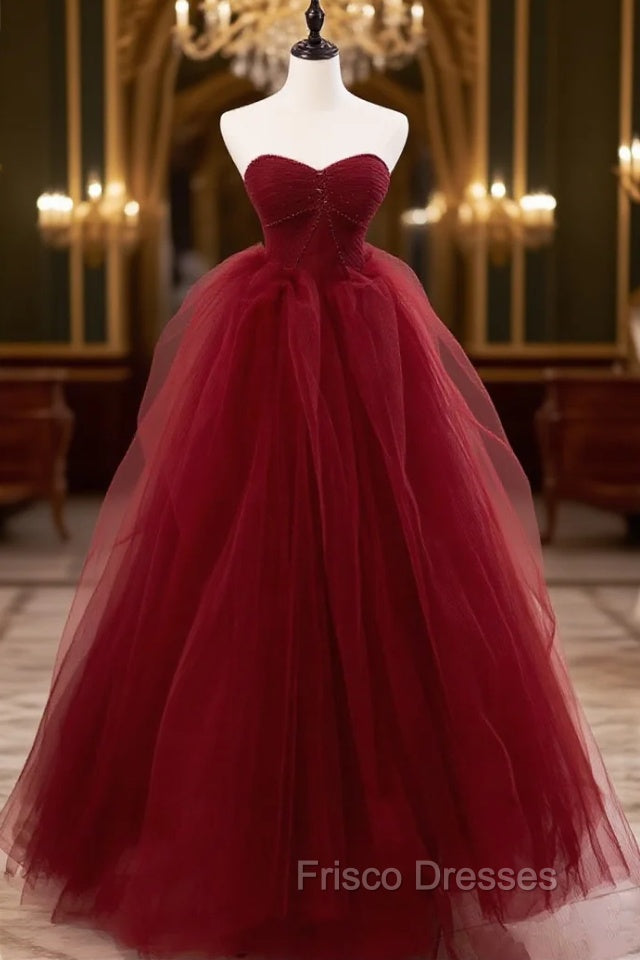 Burgundy Off Shoulder Tulle Lace Long Formal Prom Dress, Burgundy Formal Graduation Dress