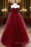 Burgundy Off Shoulder Tulle Lace Long Formal Prom Dress, Burgundy Formal Graduation Dress