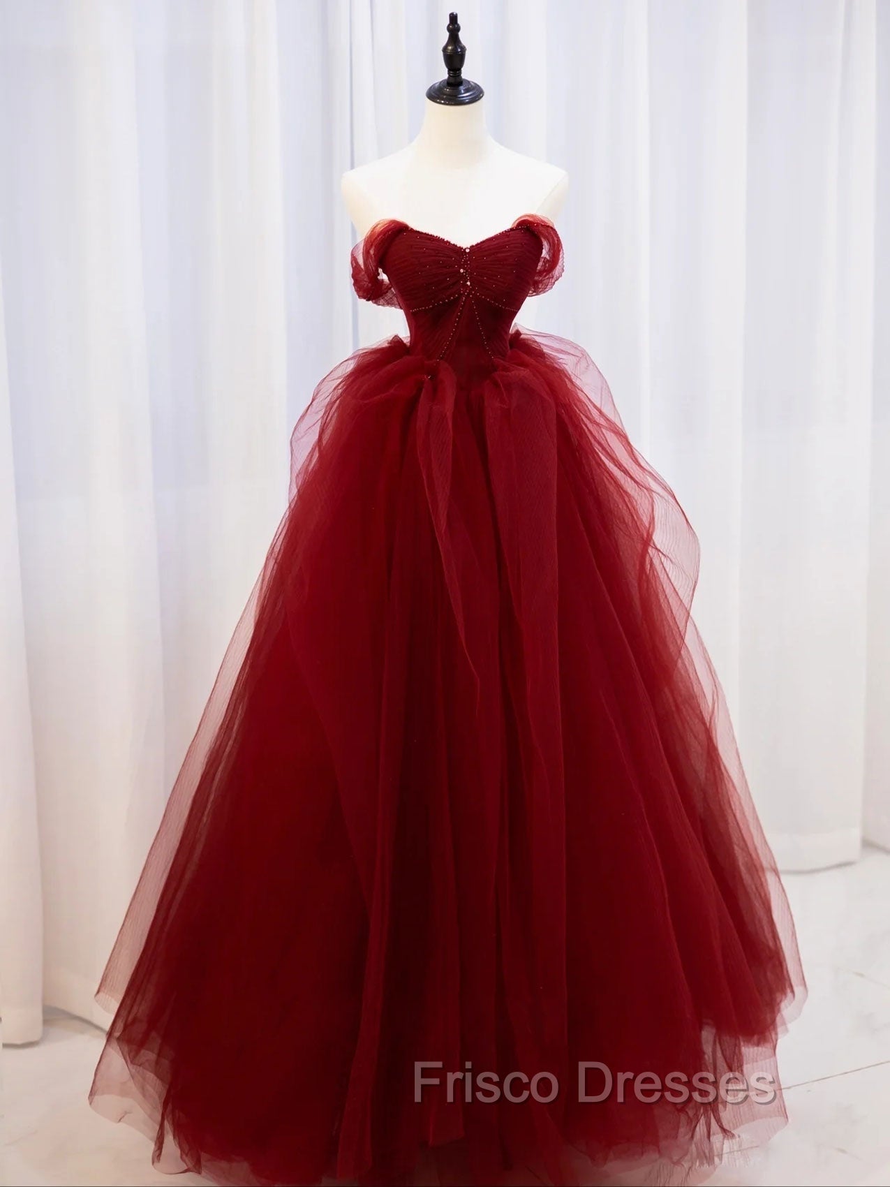 Burgundy Off Shoulder Tulle Lace Long Formal Prom Dress, Burgundy Formal Graduation Dress Main image