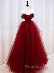Burgundy Off Shoulder Tulle Lace Long Formal Prom Dress, Burgundy Formal Graduation Dress