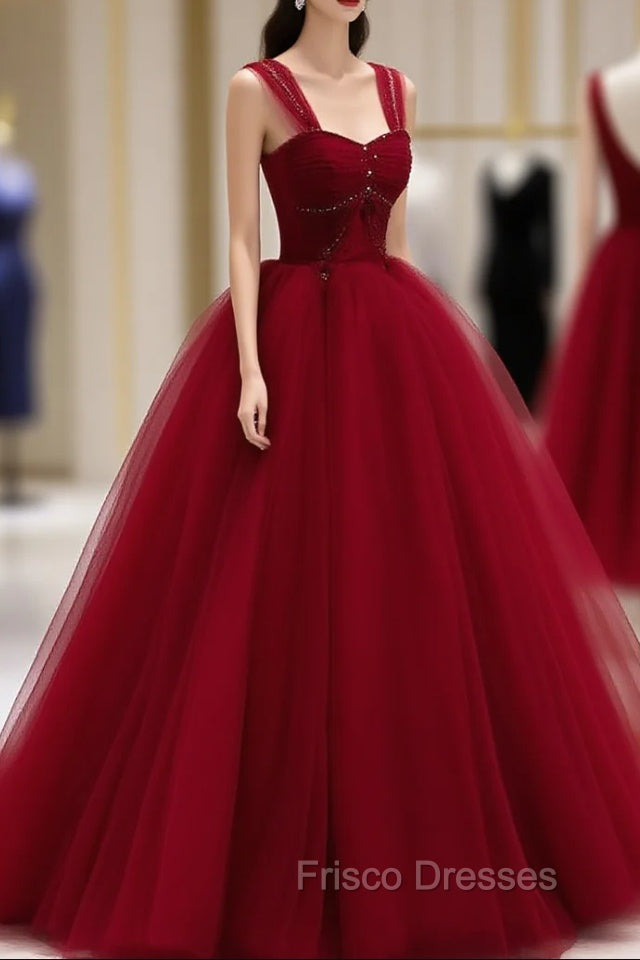 Burgundy Off Shoulder Tulle Long Formal Prom Dress, Burgundy Formal Dress