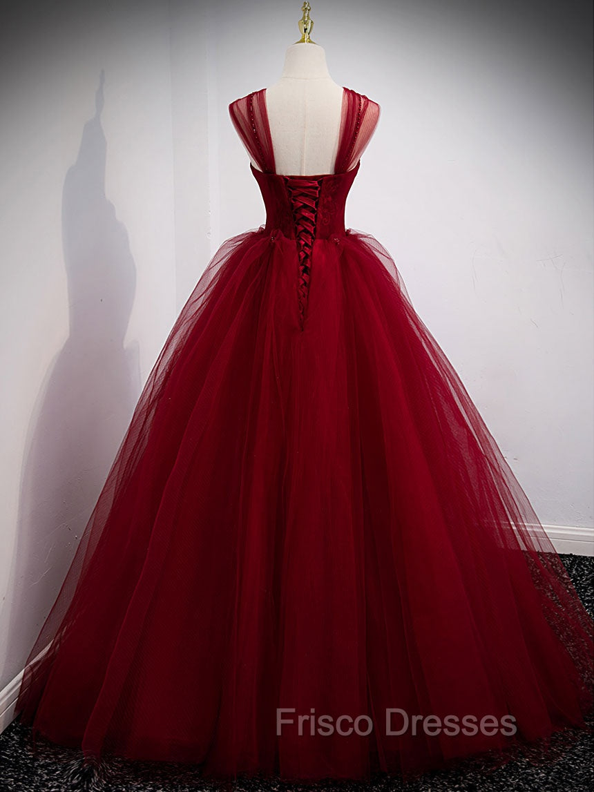 Burgundy Off Shoulder Tulle Long Formal Prom Dress, Burgundy Formal Dress