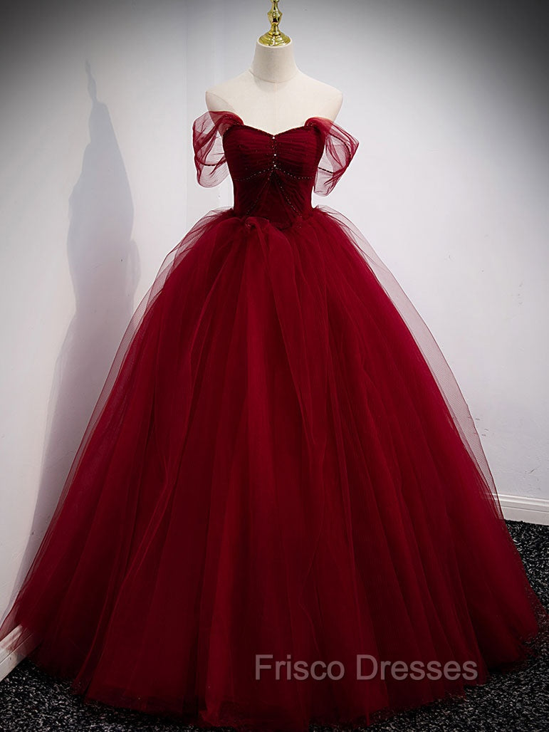 Burgundy Off Shoulder Tulle Long Formal Prom Dress, Burgundy Formal Dress