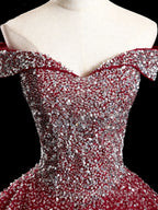 Burgundy Off Shoulder Tulle Sequin Long Formal Prom Dress, Burgundy Sweet 16 Dress
