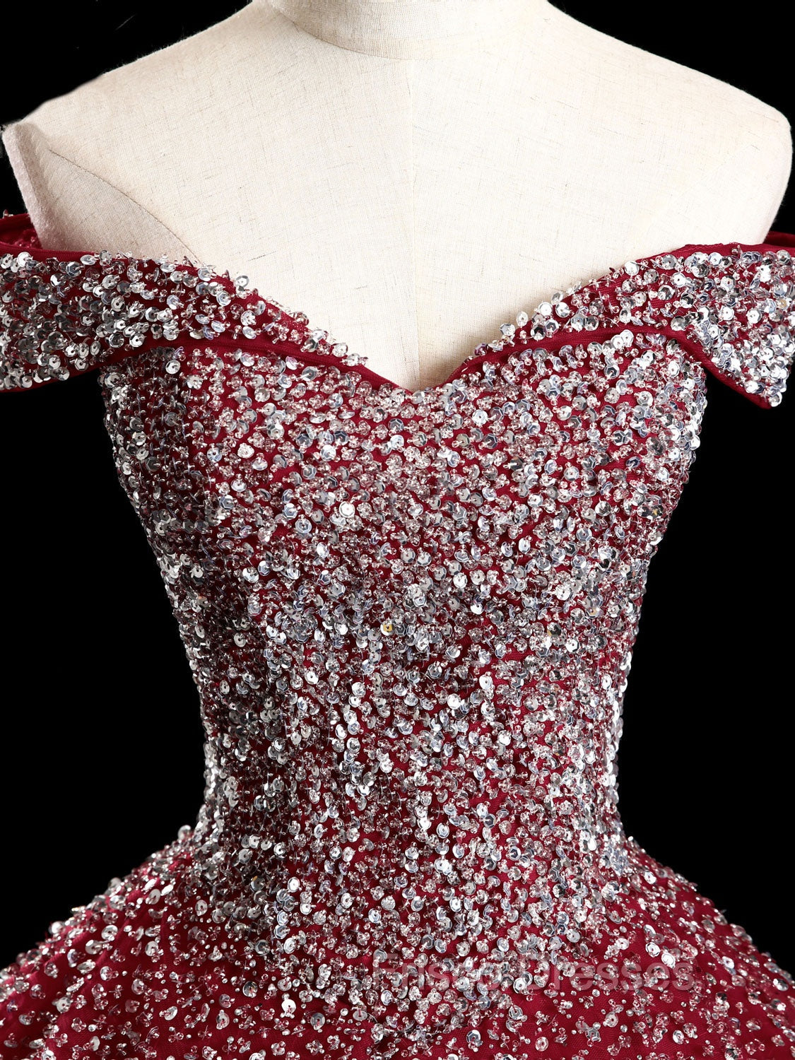 Burgundy Off Shoulder Tulle Sequin Long Formal Prom Dress, Burgundy Sweet 16 Dress