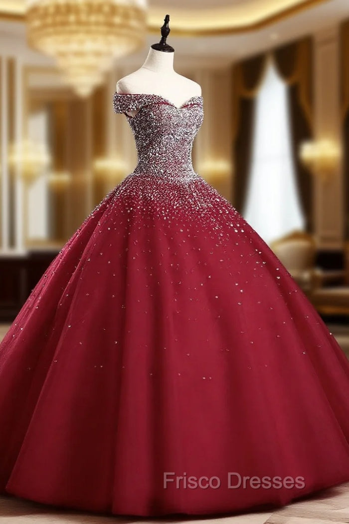 Burgundy Off Shoulder Tulle Sequin Long Formal Prom Dress, Burgundy Sweet 16 Dress