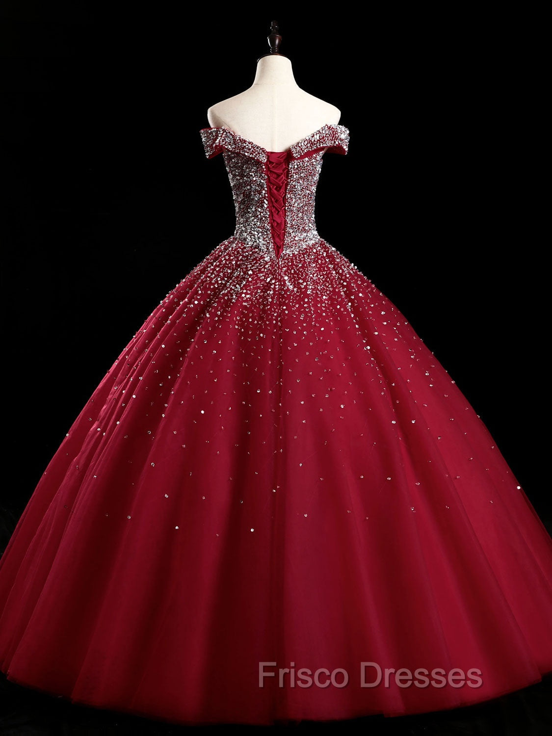 Burgundy Off Shoulder Tulle Sequin Long Formal Prom Dress, Burgundy Sweet 16 Dress
