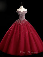 Burgundy Off Shoulder Tulle Sequin Long Formal Prom Dress, Burgundy Sweet 16 Dress