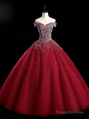 Burgundy Off Shoulder Tulle Sequin Long Prom Dress, Burgundy Sweet 16 Dress