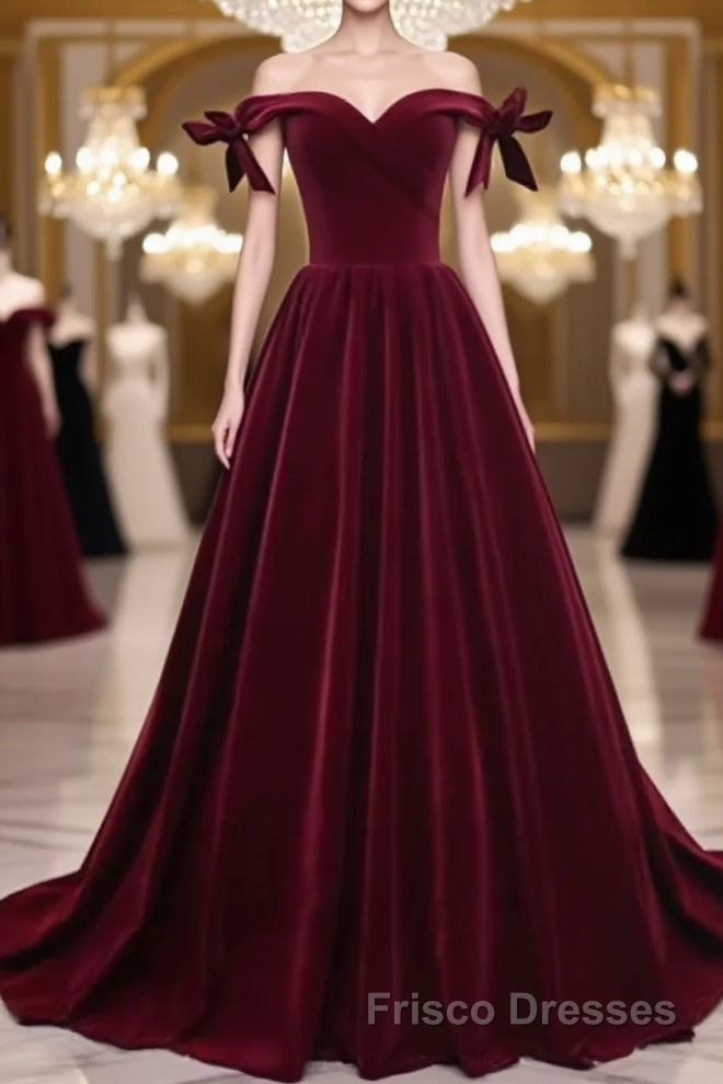 Burgundy Off Shoulder Velvet Long Formal Prom Dresses, Off Shoulder Burgundy Graduation Dresses, Evening Dresses
