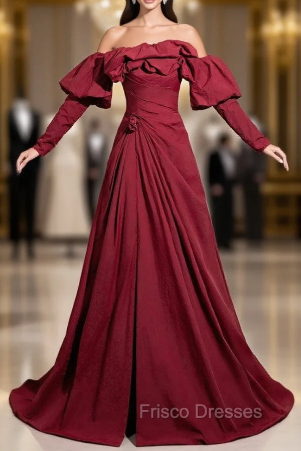 Burgundy off the Shoulder Pleats Formal Prom Dress With Detachable Sleeve Main image