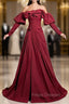 Burgundy off the Shoulder Pleats Formal Prom Dress With Detachable Sleeve