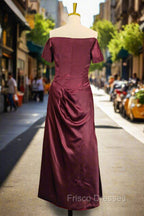 Burgundy Off The Shoulder Formal Prom Dress Simple Satin Formal Dress