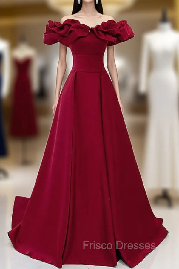 Burgundy Off the Shoulder Ruffles Formal Prom Dress Main image