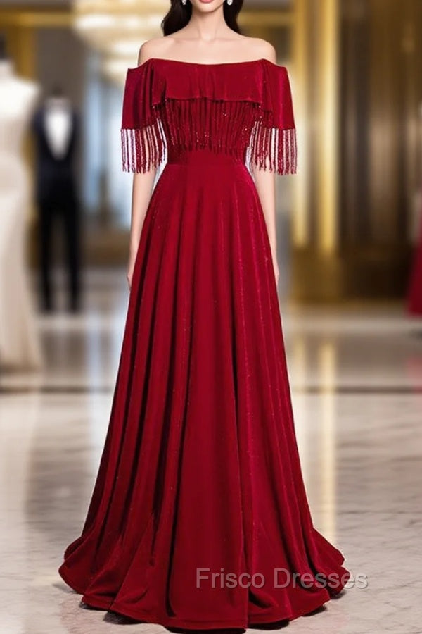 Burgundy Off the Shoulder Tassel Beading Formal Prom Dress Main image
