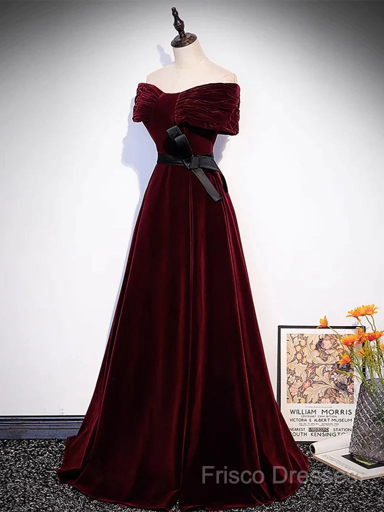 Burgundy Off The Shoulder Velvet Long Formal Prom Dress