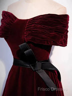 Burgundy Off The Shoulder Velvet Long Formal Prom Dress