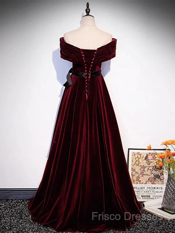 Burgundy Off The Shoulder Velvet Long Formal Prom Dress