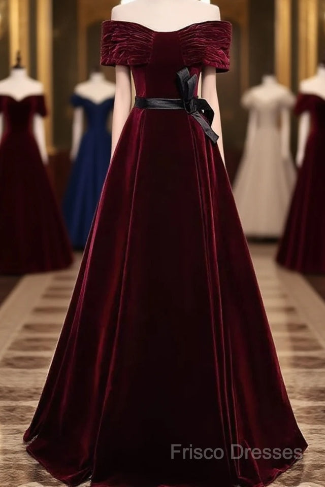Burgundy Off The Shoulder Velvet Long Formal Prom Dress Main image