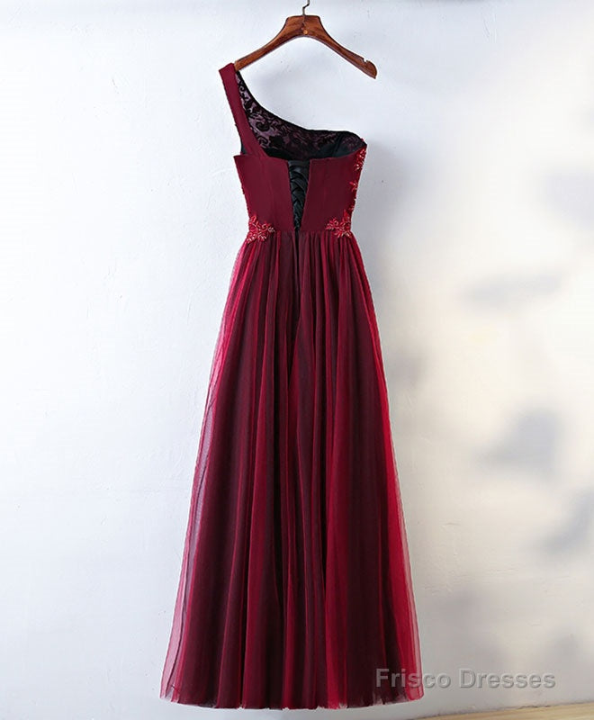 Burgundy One Shoulder Long Prom Dress, Lace Evening Dress Secondary image