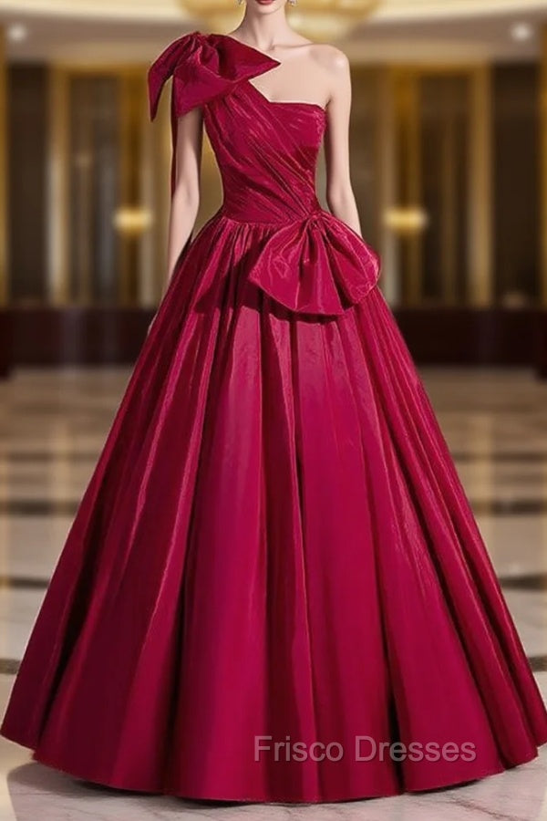 Burgundy One Shoulder Pleats Formal Prom Dress Main image