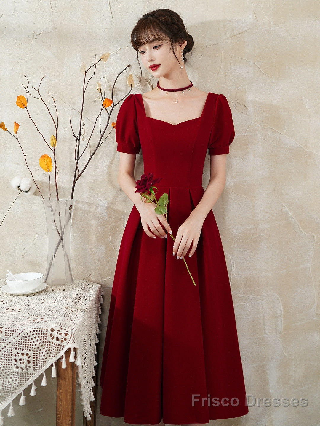 Burgundy Party Dress, Short Sleeve Midi Dress,Satin Homcoming Dress Secondary image