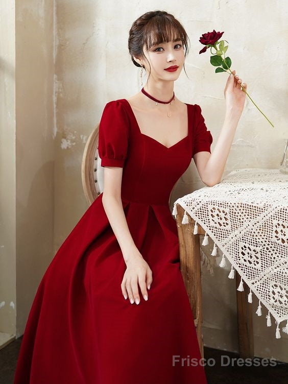 Burgundy Party Dress, Short Sleeve Midi Dress,Satin Homcoming Dress Main image