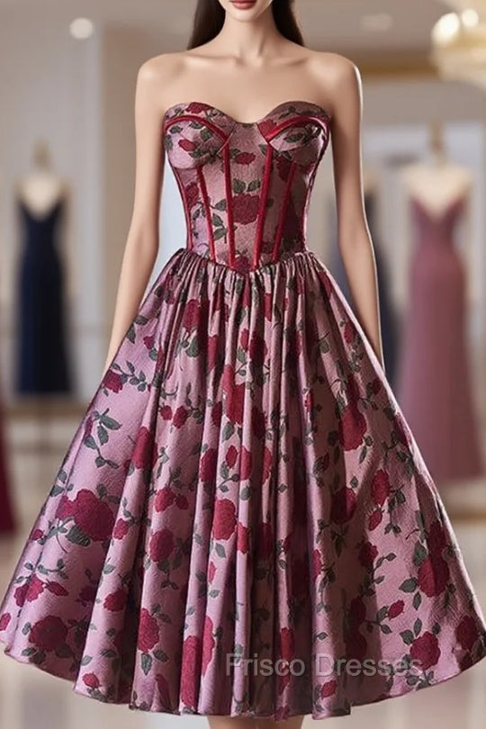 Burgundy Print Sweetheart Print Homecoming Dress Main image