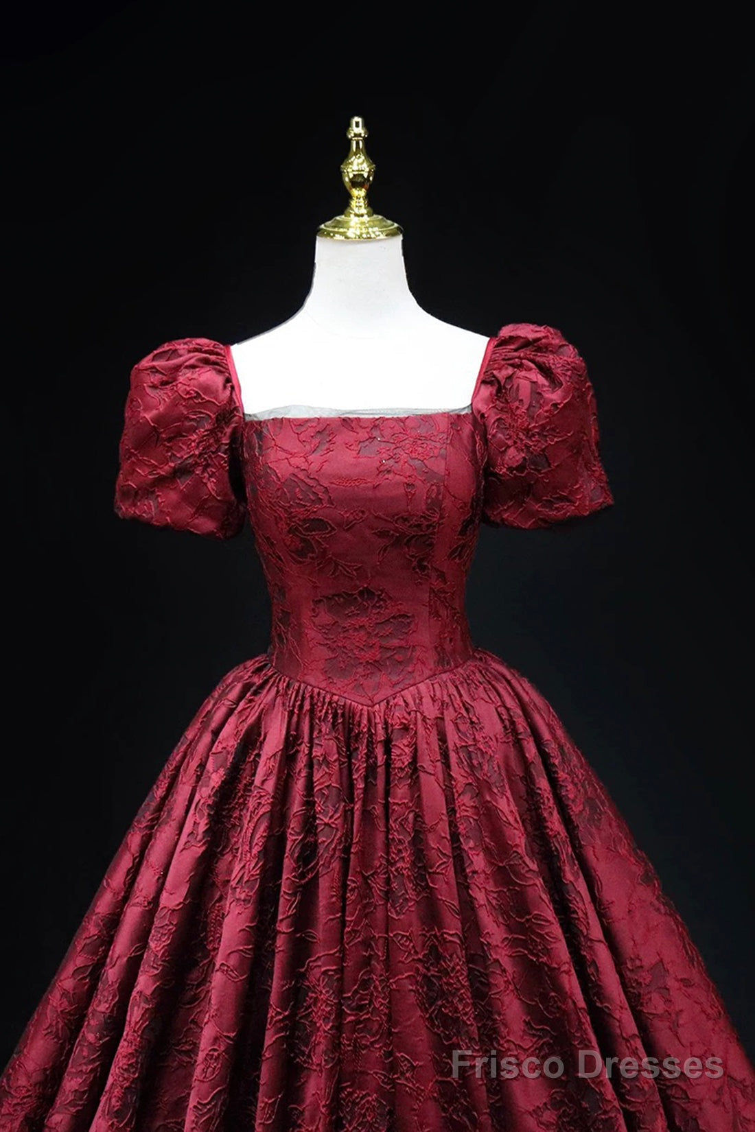 Burgundy Printed Long A-Line Prom Dress, A-Line Short Sleeve Formal Evening Dress Secondary image
