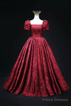 Burgundy Printed Long A-Line Prom Dress, A-Line Short Sleeve Formal Evening Dress