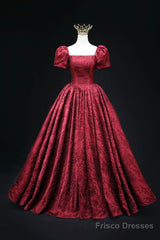 Burgundy Printed Long A-Line Prom Dress, A-Line Short Sleeve Formal Evening Dress