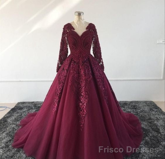 Burgundy Prom Dress With Train , Lace Prom Dress Main image