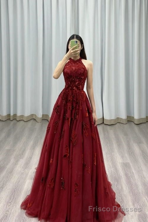 Burgundy Prom Dresses A Line Halter Tulle Evening Dresses Main image