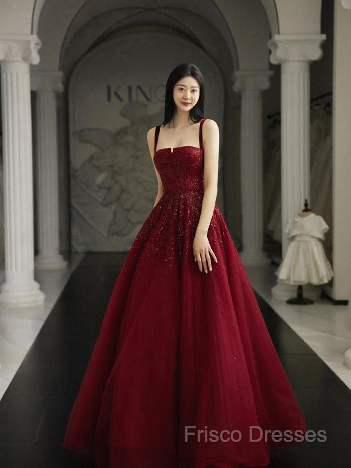 Burgundy Formal Prom Dress A Line Straps Tulle Formal Dress Secondary image