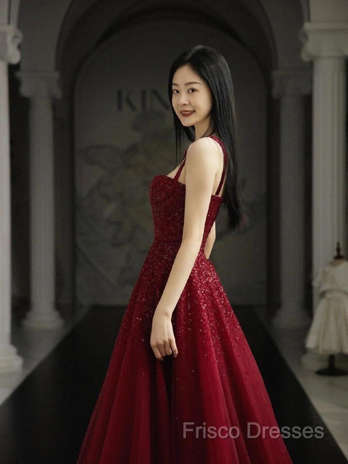 Burgundy Formal Prom Dress A Line Straps Tulle Formal Dress