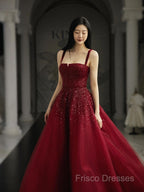 Burgundy Formal Prom Dress A Line Straps Tulle Formal Dress