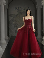 Burgundy Formal Prom Dress A Line Straps Tulle Formal Dress