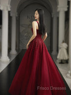 Burgundy Formal Prom Dress A Line Straps Tulle Formal Dress