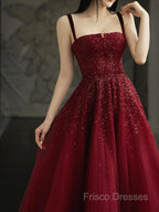 Burgundy Formal Prom Dress A Line Straps Tulle Formal Dress