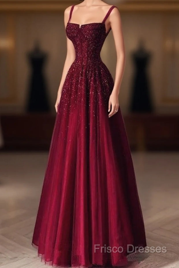 Burgundy Formal Prom Dress A Line Straps Tulle Formal Dress Main image