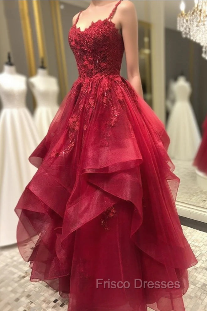 Burgundy Formal Prom Dress, A-line V Neck Spaghetti Straps Long/Floor-Length Lace Formal Prom Dress With Beading Main image