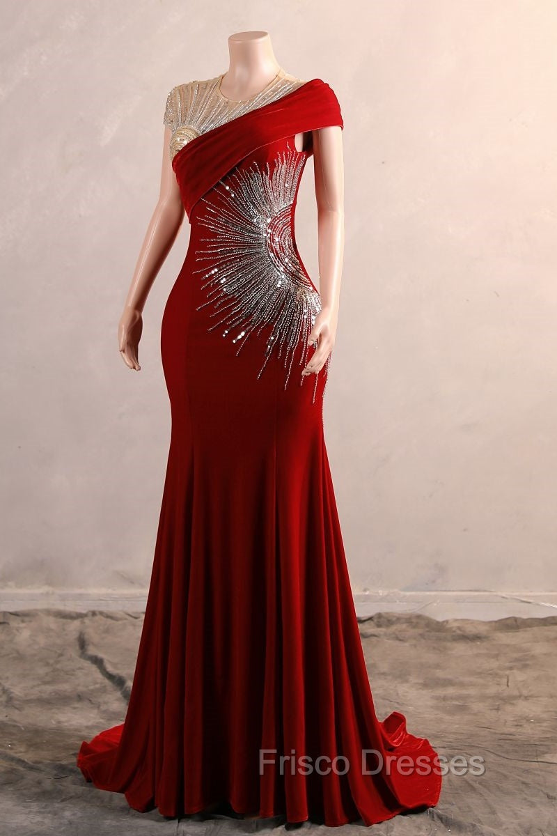 Burgundy Formal Prom Dress Bodycon Velvet Long Formal Dress with Embroidered Beadings Secondary image