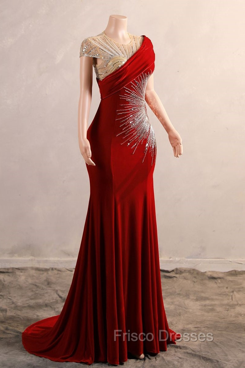 Burgundy Formal Prom Dress Bodycon Velvet Long Formal Dress with Embroidered Beadings