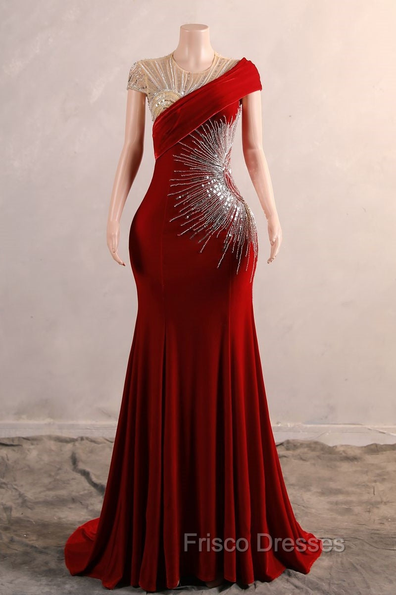 Burgundy Formal Prom Dress Bodycon Velvet Long Formal Dress with Embroidered Beadings