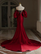 Burgundy Puff Sleeves Satin Burgundy Long Formal Prom Dress, Burgundy Long Formal Dress