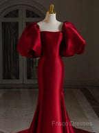 Burgundy Puff Sleeves Satin Burgundy Long Formal Prom Dress, Burgundy Long Formal Dress