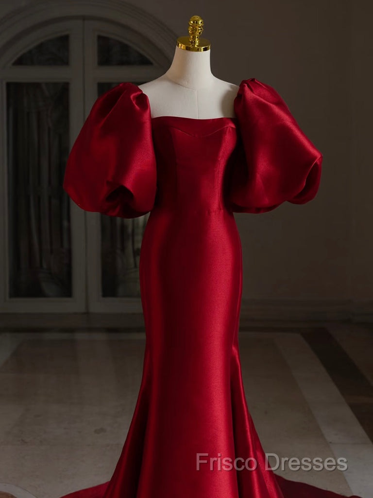 Burgundy Puff Sleeves Satin Burgundy Long Formal Prom Dress, Burgundy Long Formal Dress