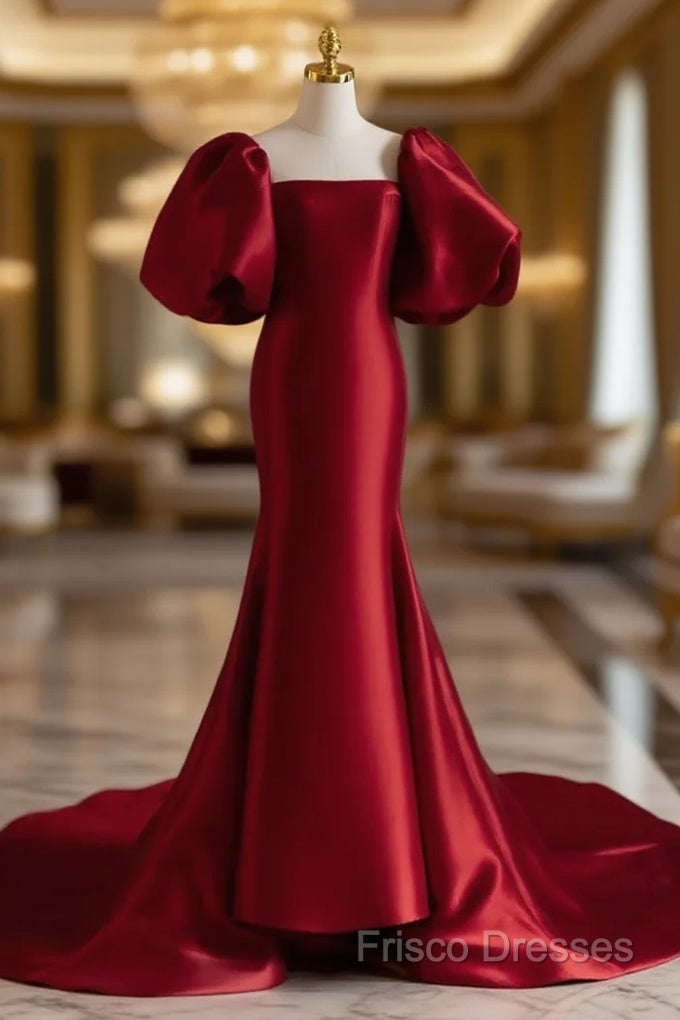 Burgundy Puff Sleeves Satin Burgundy Long Formal Prom Dress, Burgundy Long Formal Dress