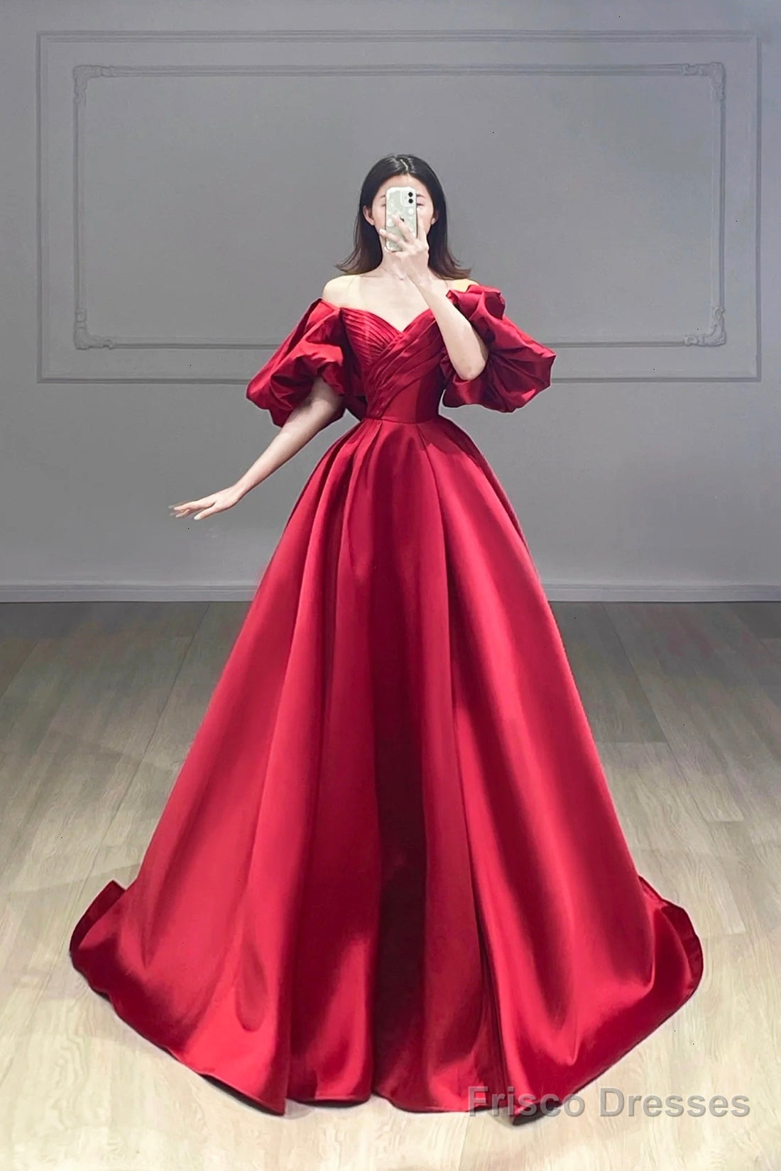 Burgundy Puffy Short Sleeve Satin Prom Dress, Burgundy V-Neck A-Line Evening Dress Main image