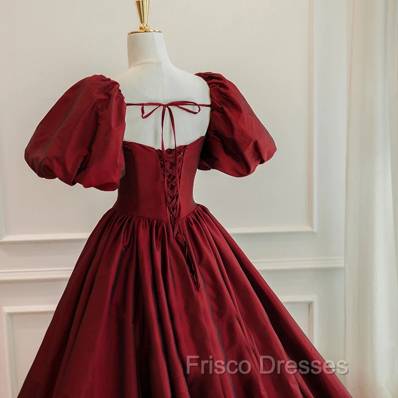 Burgundy Puffy Sleeves Taffeta Long Formal Prom Dress, Floor Length Sweetheart Party Dress